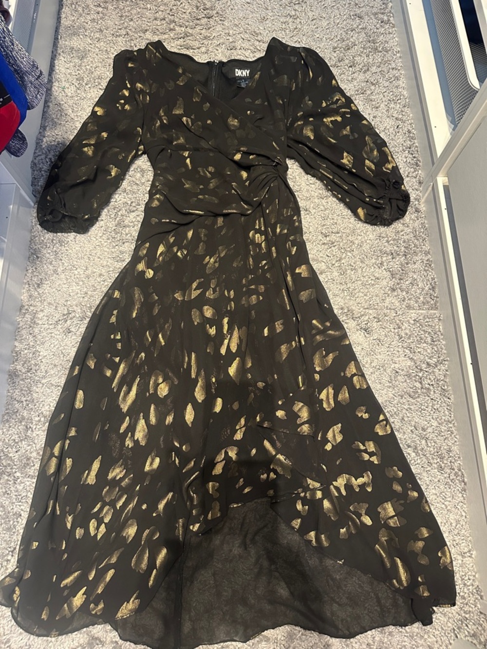 DKNY Black and Gold High-Low Wrap Dress